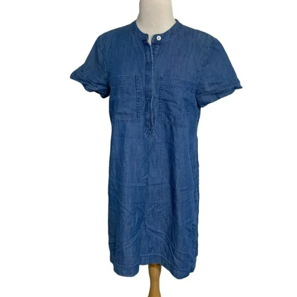 J.Crew Chambray Shift Dress S Blue Short Sleeve‎ Banded Collar Denim Pocket
